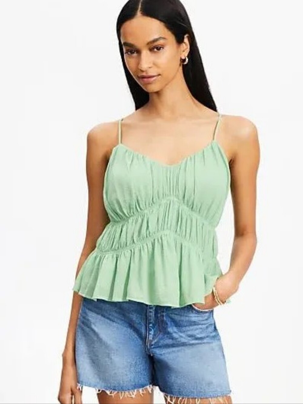 NWT LOFT  Green Smocked Spaghetti Strap Camisole, Size Med